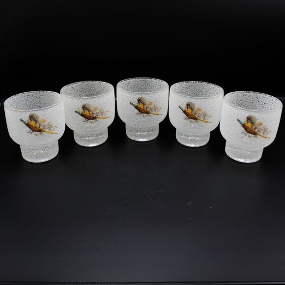 Set of 5 Vintage West Virginia Frosted Glass Cocktail Tumblers Pheasant Design - Picture 1 of 5